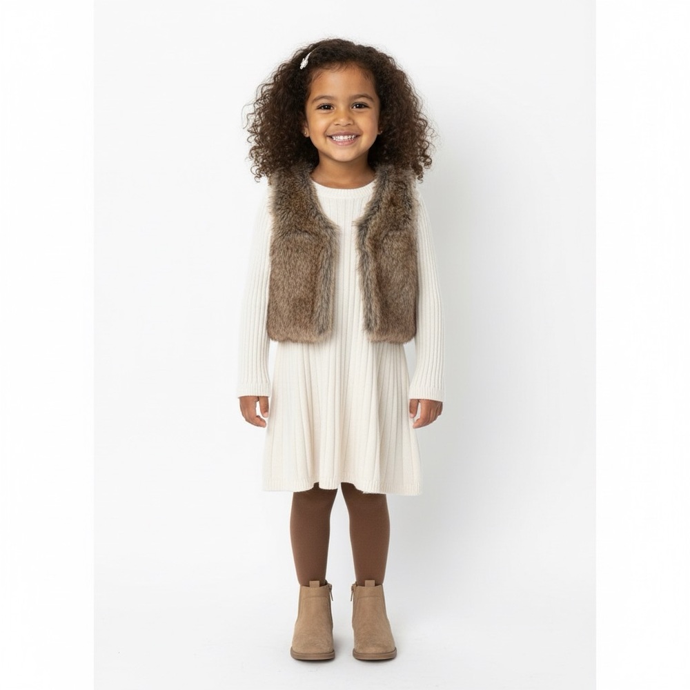 Rachel Zoe‎ Toddler 2T Knit Sweater Dress Faux Fur Vest Set Cream Brown Outfit